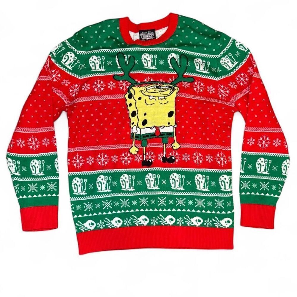 SpongeBob SquarePants Ugly Christmas Sweater XL Green Red Fair Isle 2022 Nickelo